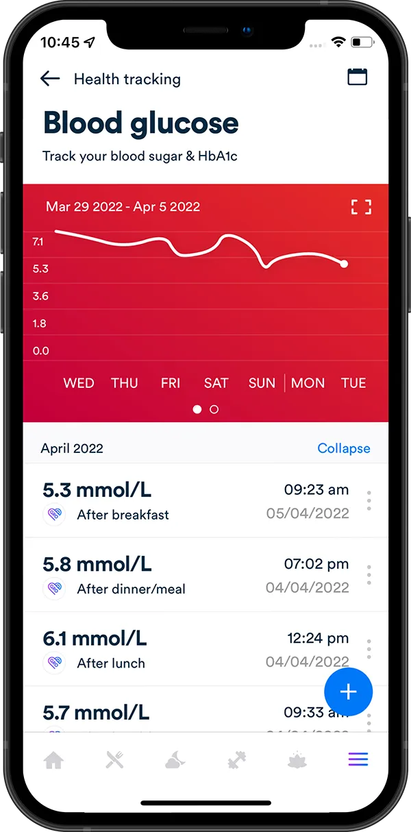 Gro Health app showing blood glucose tracking screen