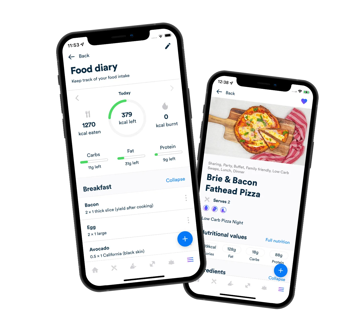 Gro Health app showing food diary with goal setting, and recipe area showing a delicious pizza