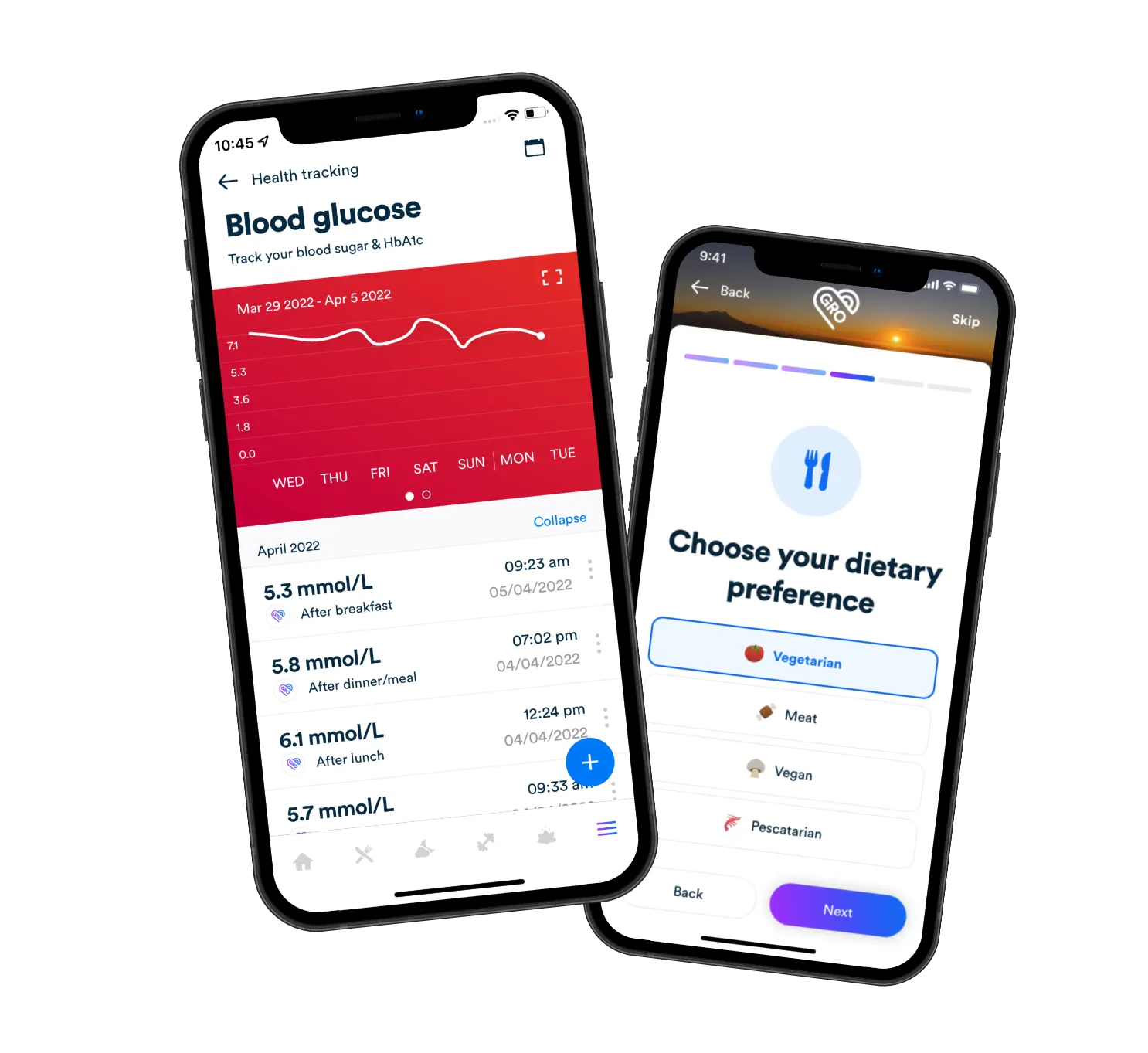 Gro Health app showing blood glucose tracking screen and dietary preference selection screen